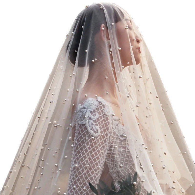 French Style Vintage Pearl Bridal Hair Accessory - Wedding Tulle Veil Headpiece for Brides