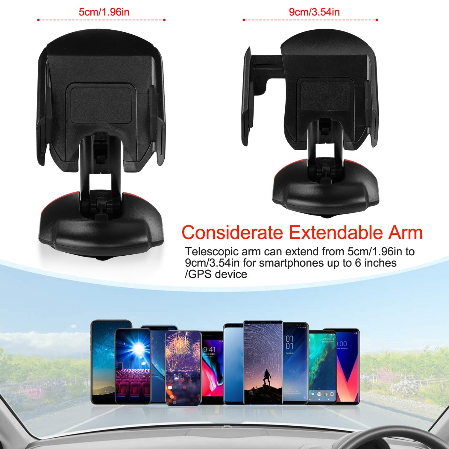 Car Phone Holder with Sticky Gel Pad and Adjustable Arm