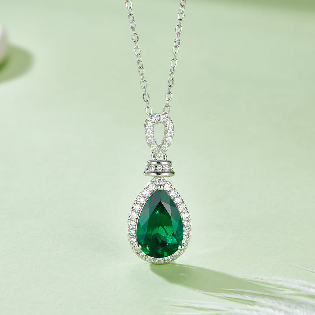 S925 Silver 3.3g Platinum Plated 4ct Lab-Created Emerald Necklace, 12x8mm Halo Pendant, 40&5cm