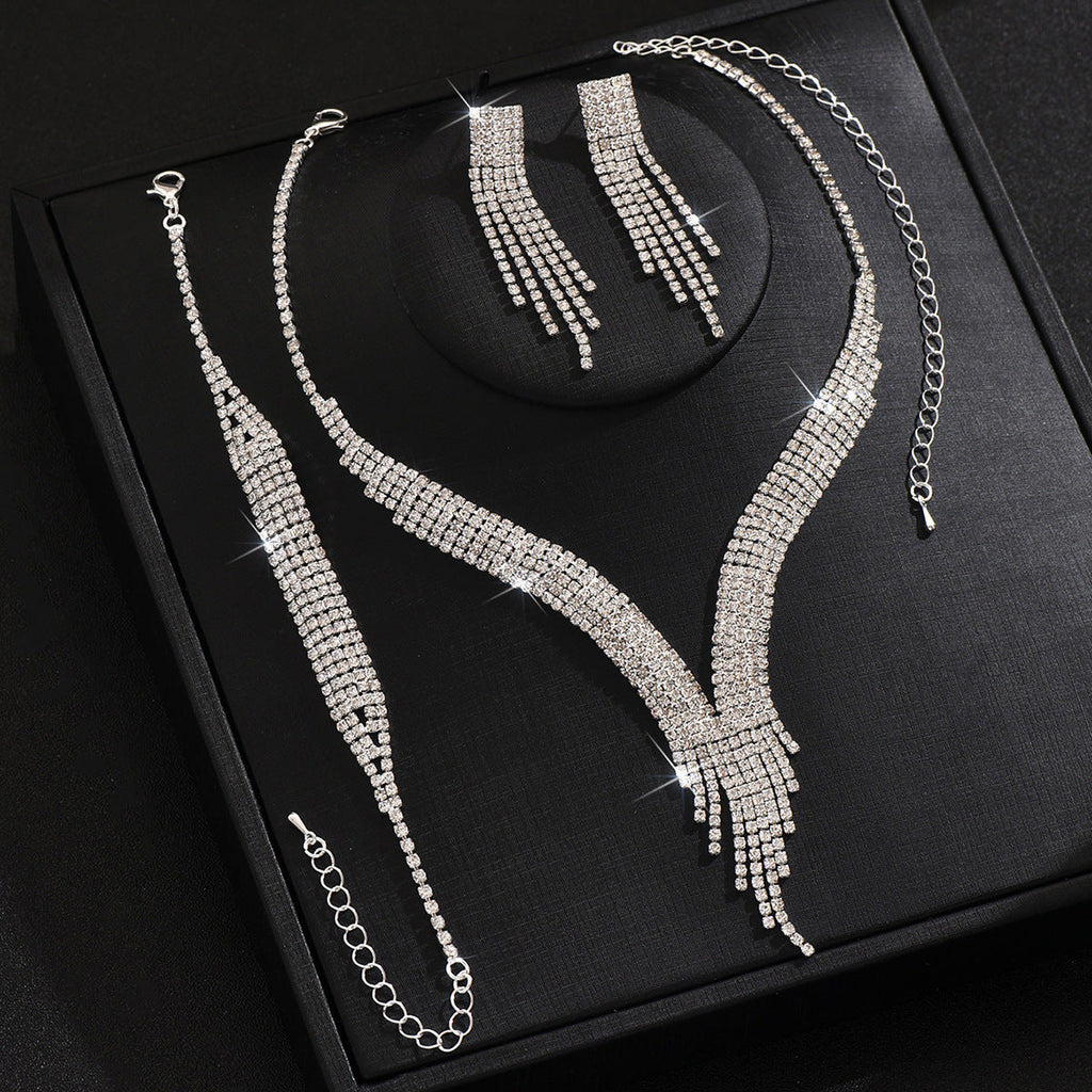 TiktokCross-border Water Drops Tassel Necklace Earrings Bracelet Three-piece Set Light Luxury Elegant Clavicle Chain Necklace For Women