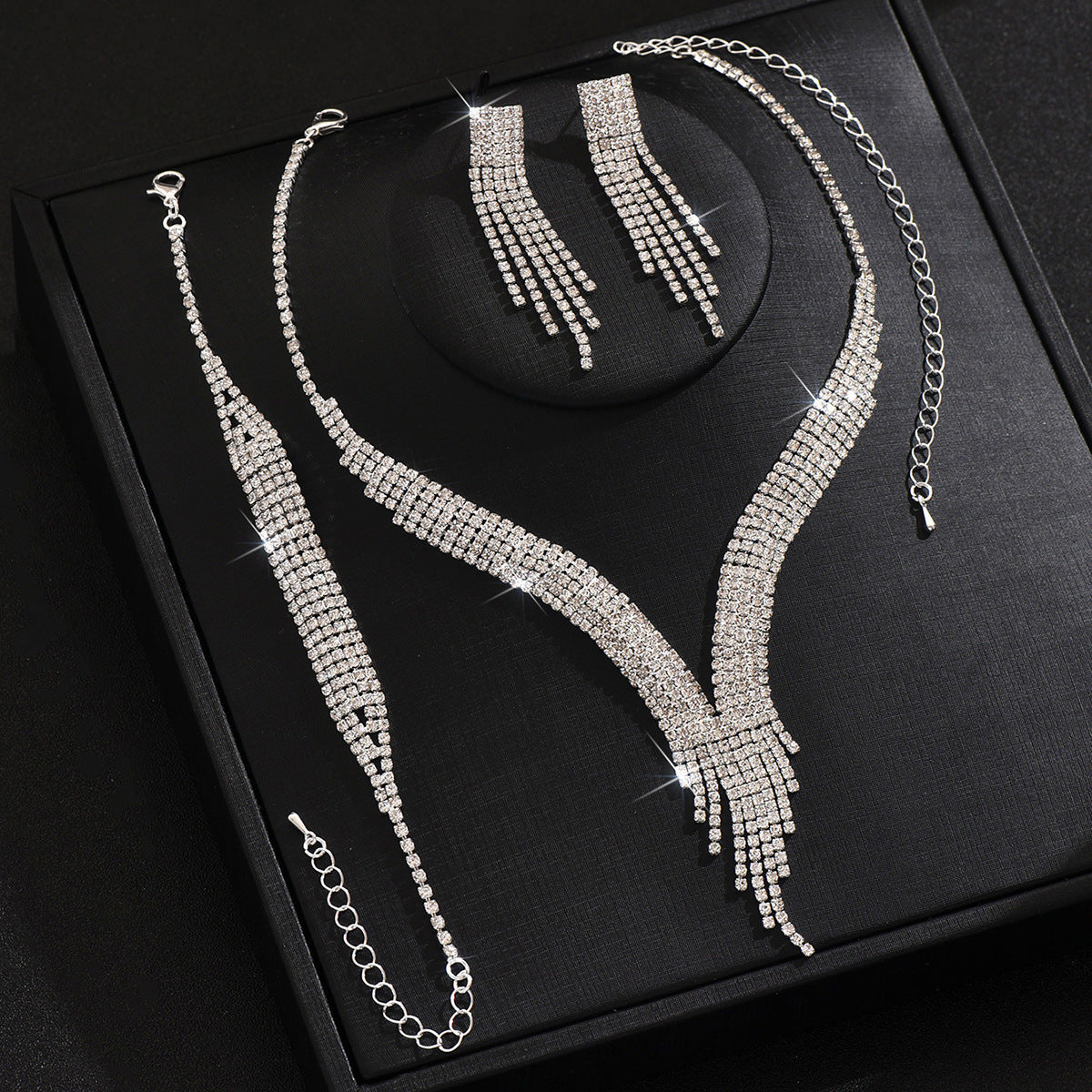 TiktokCross-border Water Drops Tassel Necklace Earrings Bracelet Three-piece Set Light Luxury Elegant Clavicle Chain Necklace For Women