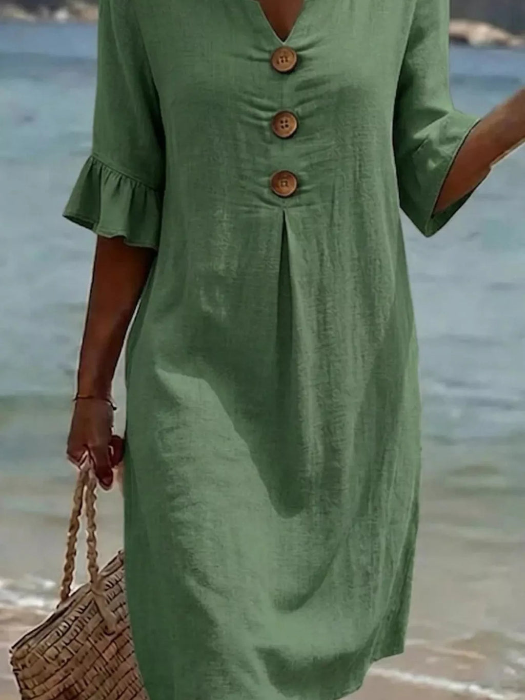 Full Size Decorative Button Ruffle Half Sleeve Dress Plus Size