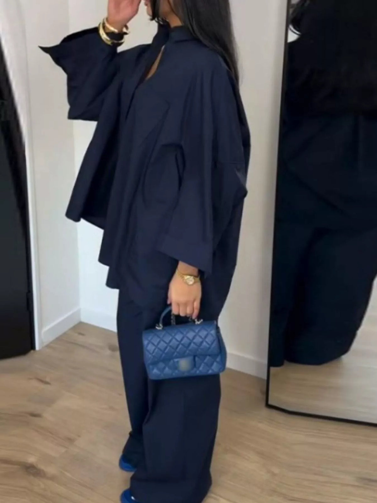 Button-Down Shirt and Wide-Leg Pants Two-Piece Set