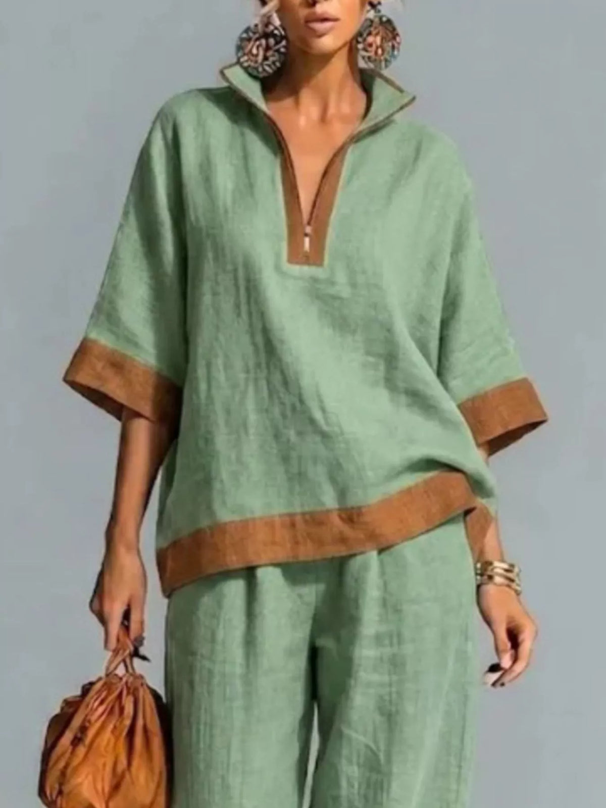 Full Size Contrast Trim Top and Wide Leg Pants Set Plus Size