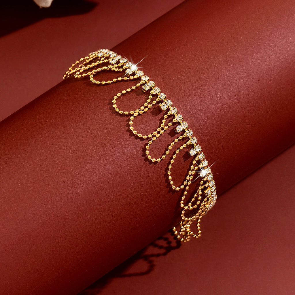 Women U-shaped Tassel Cubic Zirconia Anklet, Gold Plated Adjustable Beach Foot Jewelry
