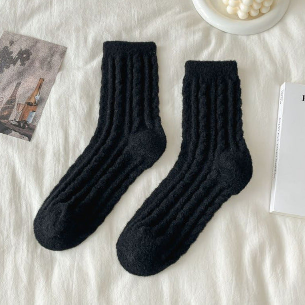 Thick Solid-color Mid-calf Cotton Socks For Women
