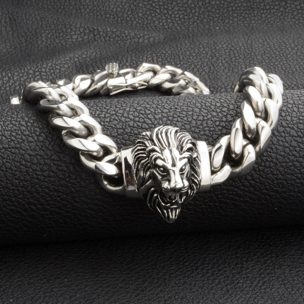 14mm-wide Lion-head Stainless Steel Titanium Alloy Gold-plated Buckle Cuban Mens Bracelet