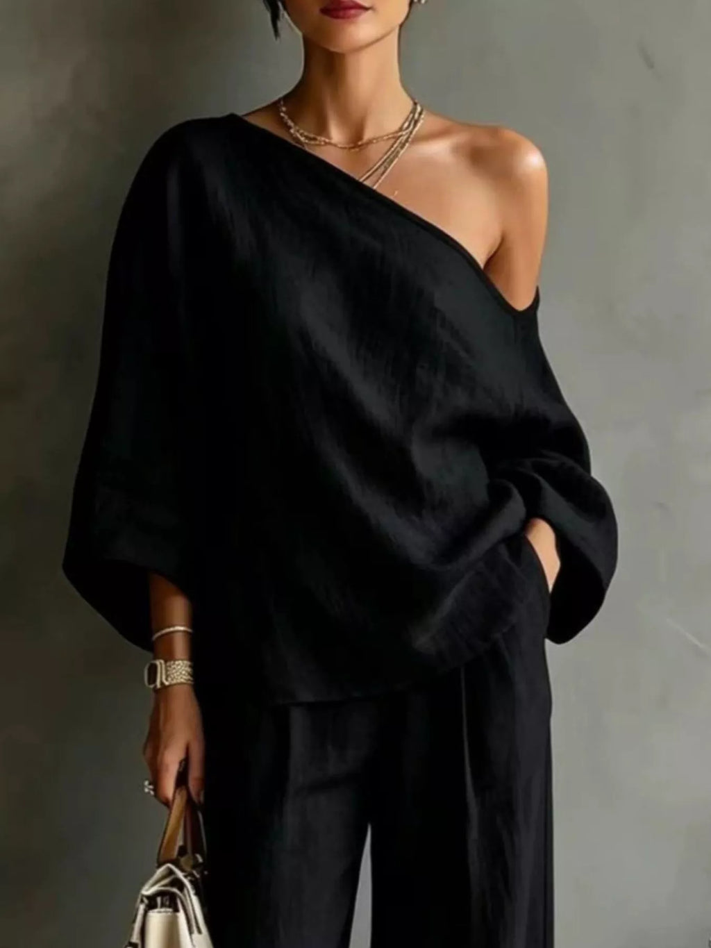 One Shoulder Top and Wide Leg Pants Set