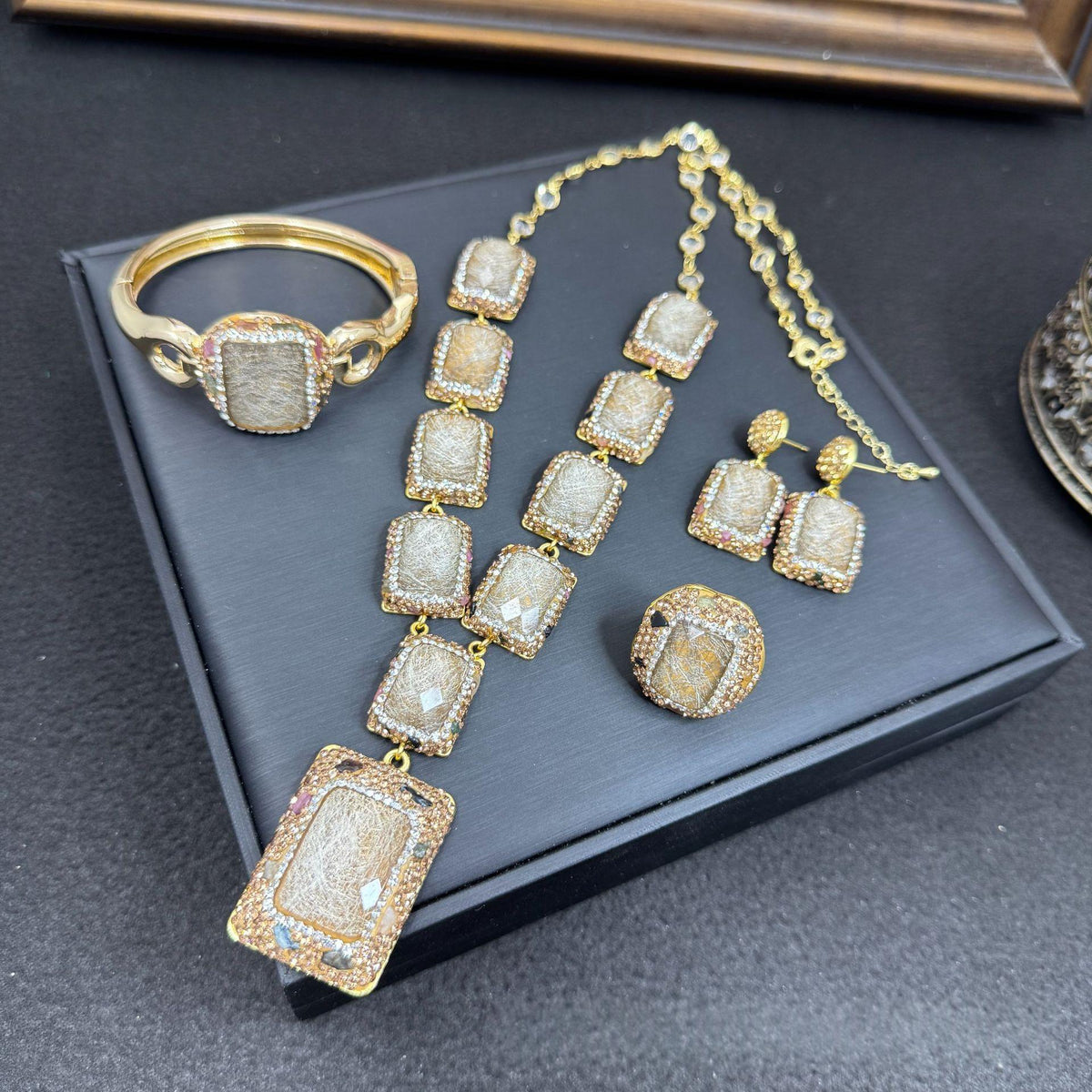 Light Luxury Full-diamond Ring Earring And Necklace Set