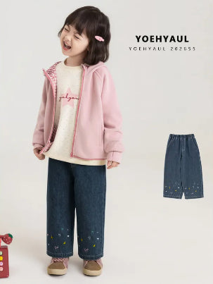 Embroidered Elastic-Waist Kids Wide-Leg Denim Trousers