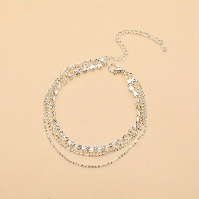 2026 Summer New Style Simple Multi-Layered Crystal Zircon Geometric Anklet Fashionable Beach Vacation Style Foot Jewelry