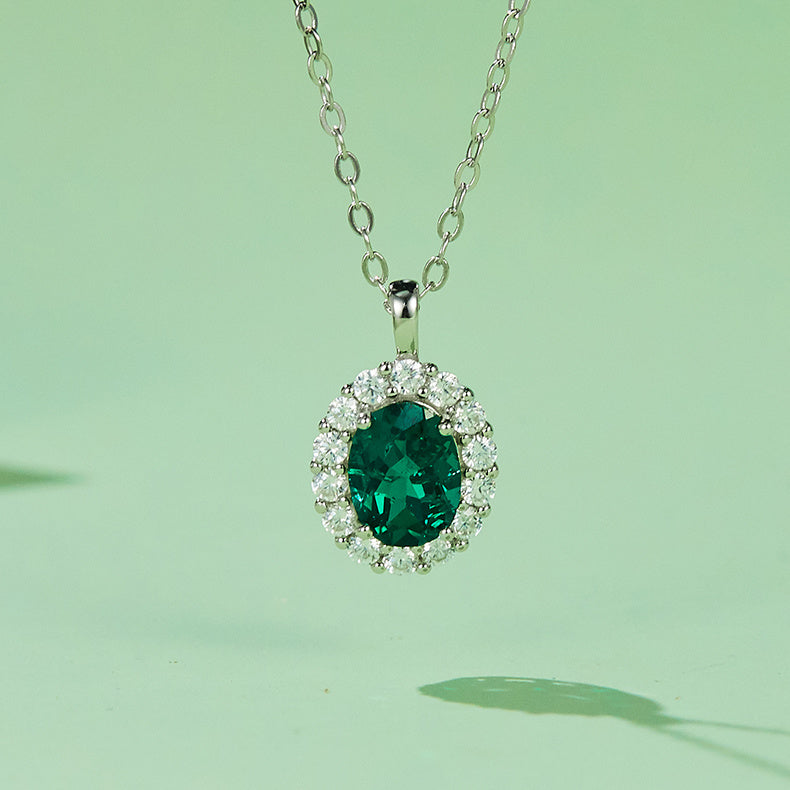 S925 Silver 2.9g 1ct Lab-Created Emerald Halo Necklace, 40&5cm Adjustable