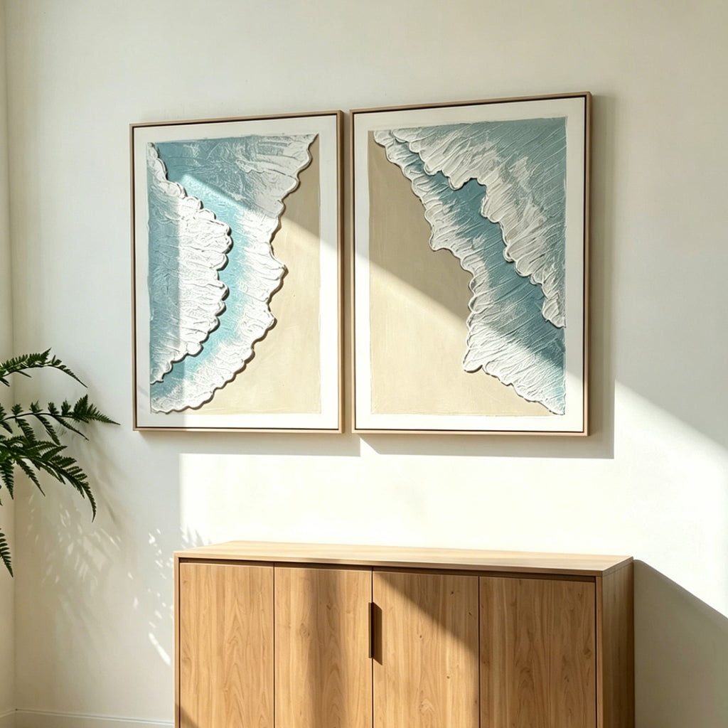 24x32 Set of 2 Framed Ocean Wave Wall Art, Aqua