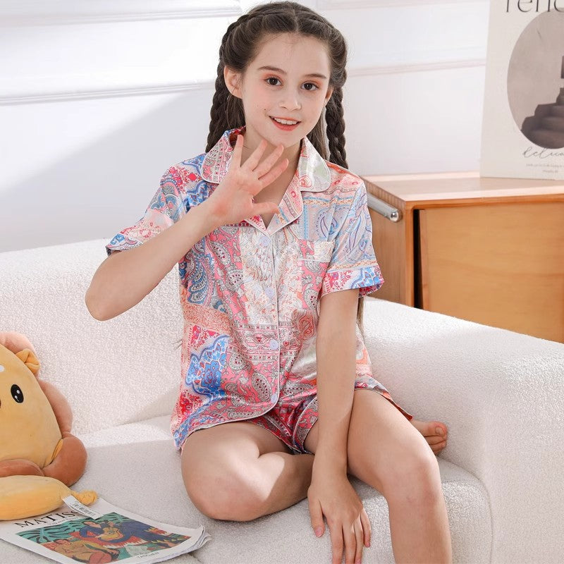 Girls' Pajamas Thin Ice Silk Children's Short-sleeved Shorts Summer