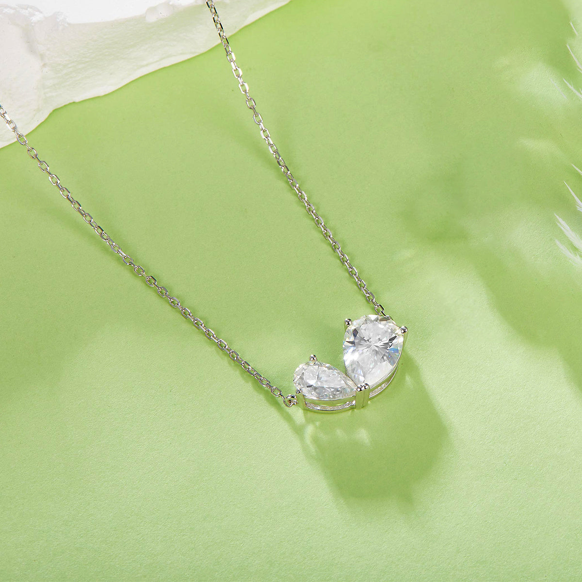 S925 Silver 3g Two Stone Pear Moissanite Necklace, 10x7mm & 8x5mm D VVS1, GRA 42&3cm