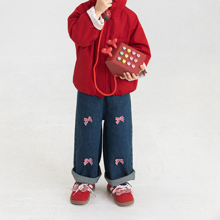 Bow-Embroidered Denim Wide-Leg Jeans For Girls