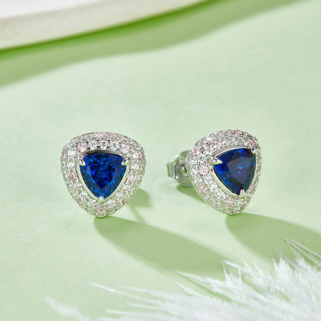 S925 Silver 3g 1.6ct Lab-Created Sapphire Earrings, 6mm Trillion Cut Halo, Pair