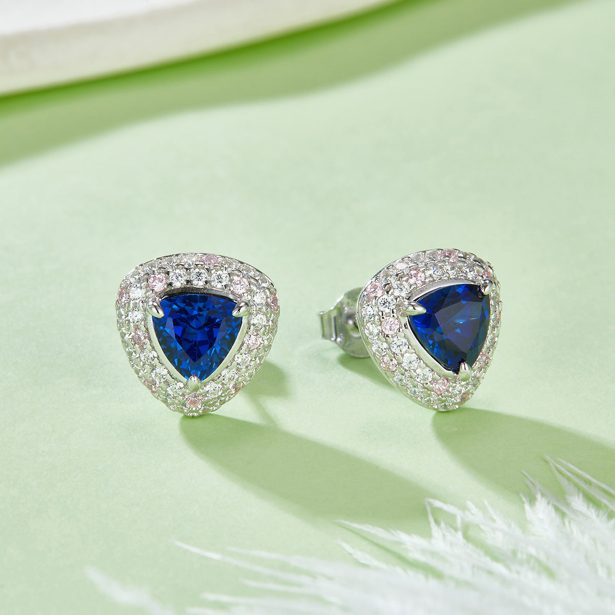S925 Silver 3g 1.6ct Lab-Created Sapphire Earrings, 6mm Trillion Cut Halo, Pair