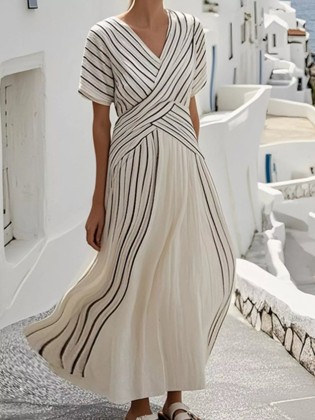 Full Size Striped Short Sleeve Wrap Maxi Dress Plus Size – Beige