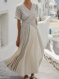 Full Size Striped Short Sleeve Wrap Maxi Dress Plus Size – Beige