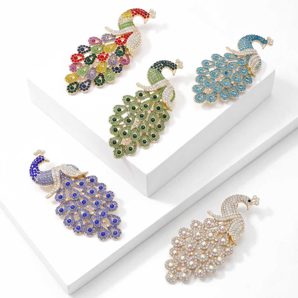 Diamond-Encrusted Peacock Brooch Colorful Animal Corsage