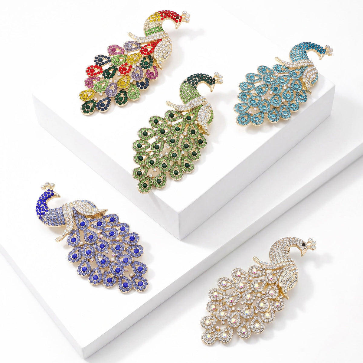 Diamond-Encrusted Peacock Brooch Colorful Animal Corsage