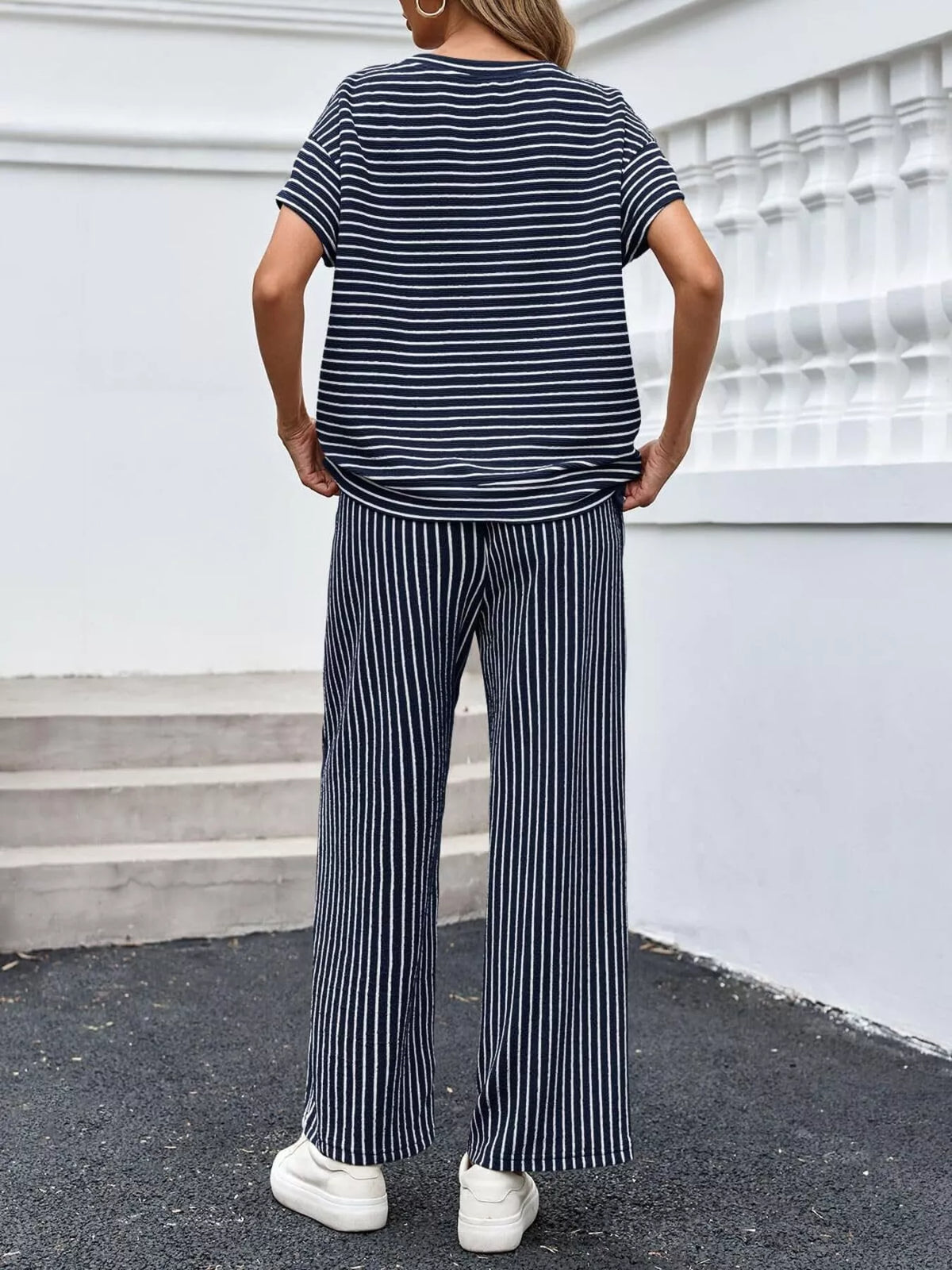 Casual Striped Short Sleeve Top and Wide Leg Pants Two-Piece Set