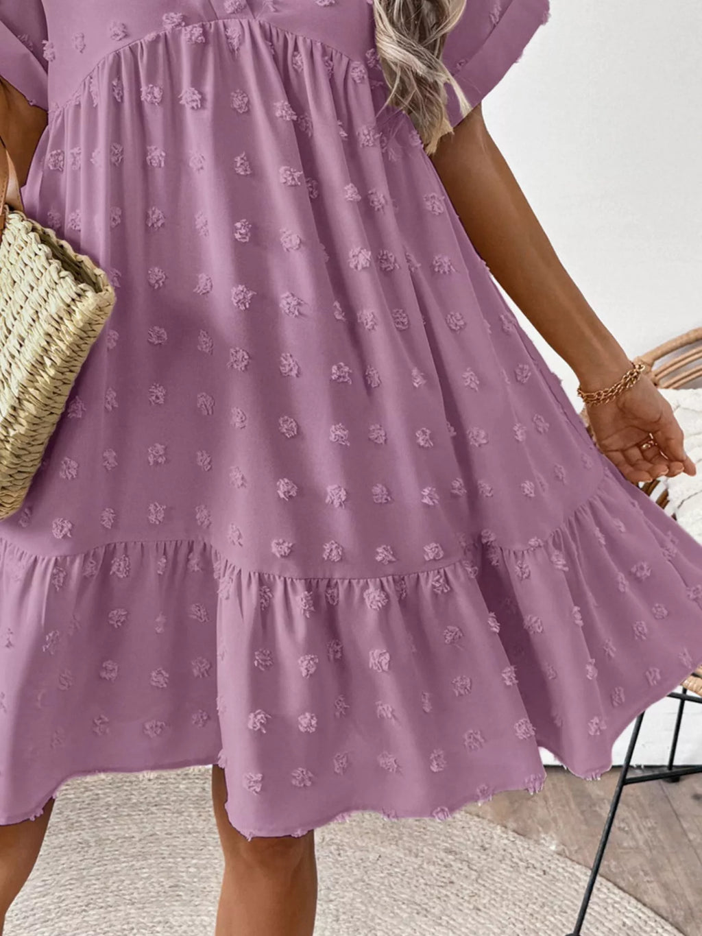 Swiss Dot V-Neck Tiered Mini Dress