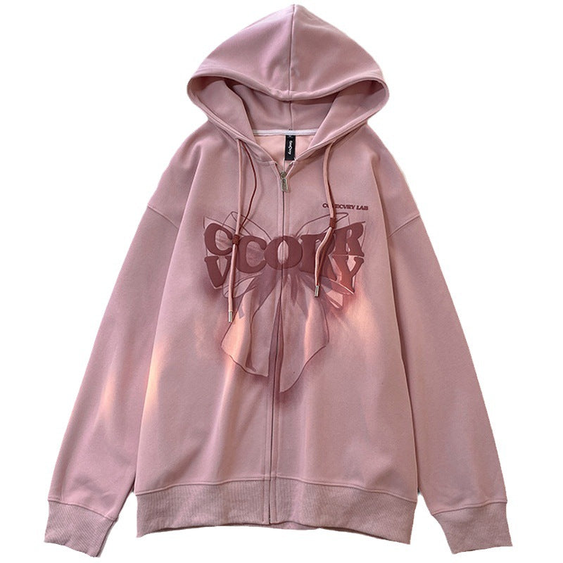 Niche Foamed-print Hooded Cardigan For Students