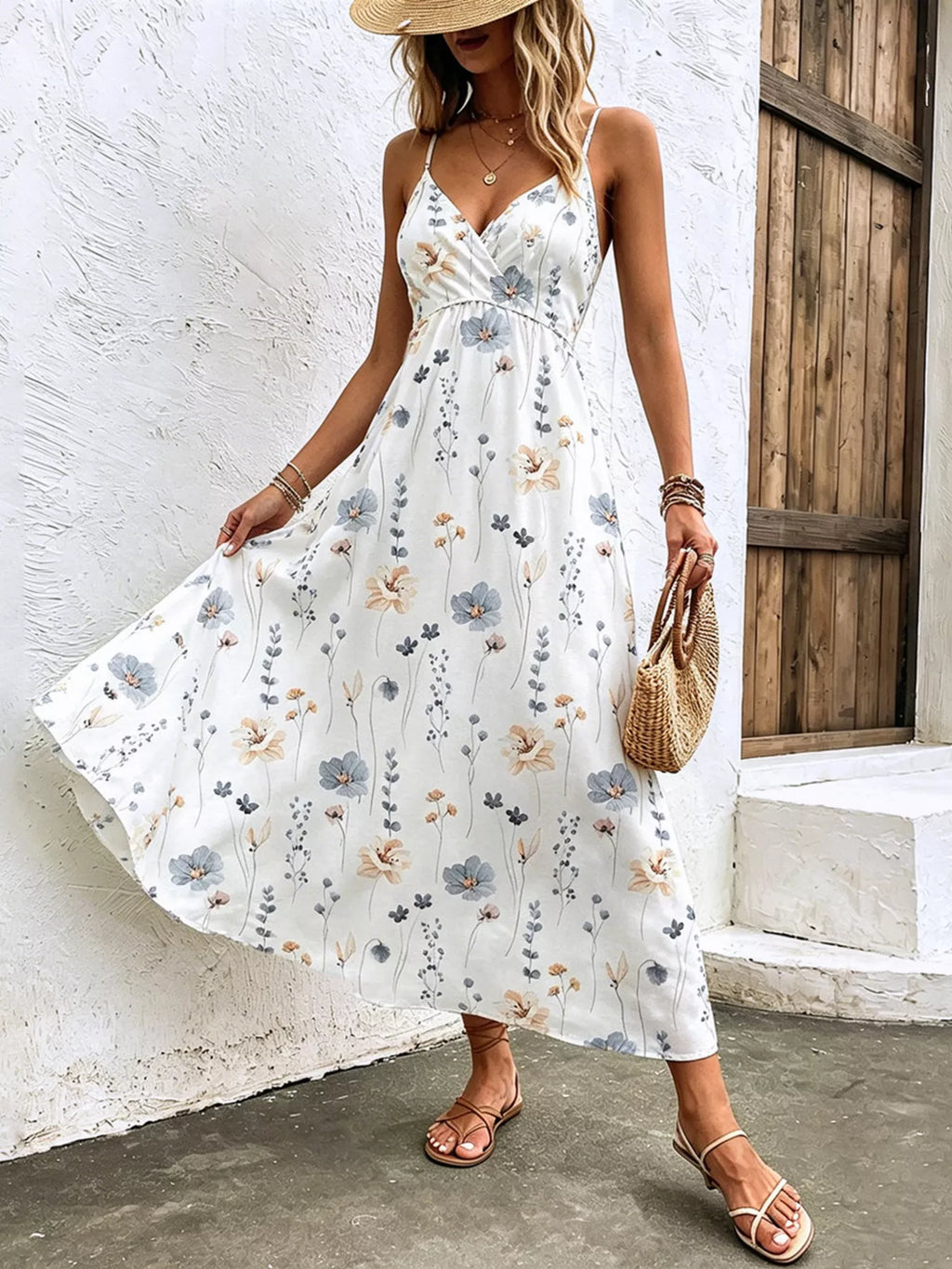 Floral Print Spaghetti Strap Midi Dress – White / Taupe