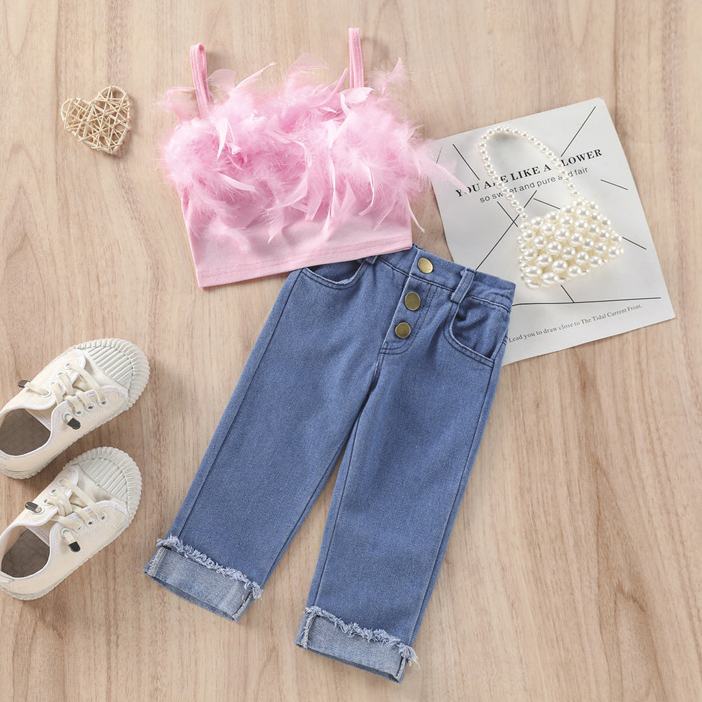 New Girls' Solid Color Sling Top Denim Trousers Suit