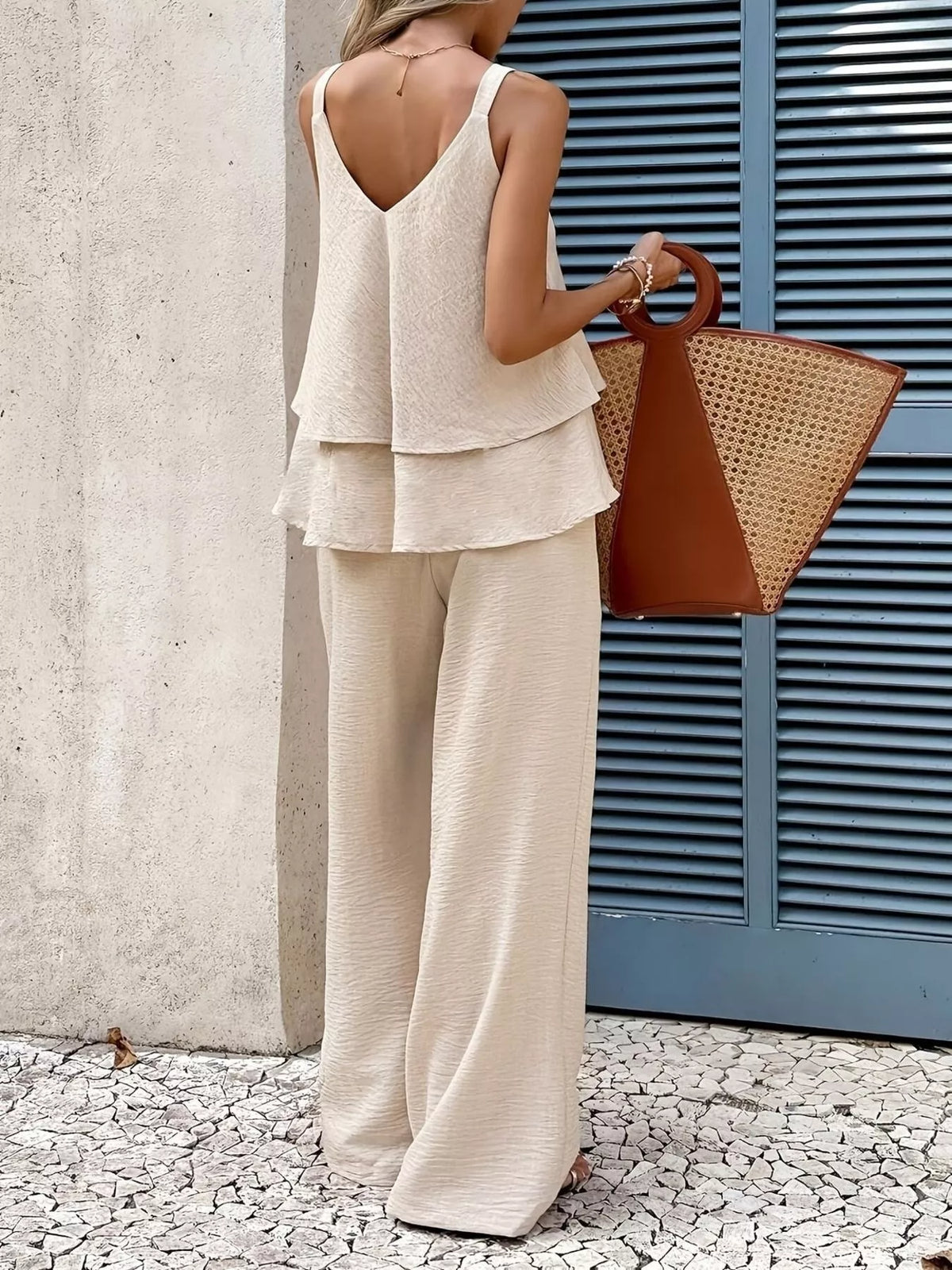 V-Neck Top and Wide-Leg Pants Set – Apricot / Navy Blue