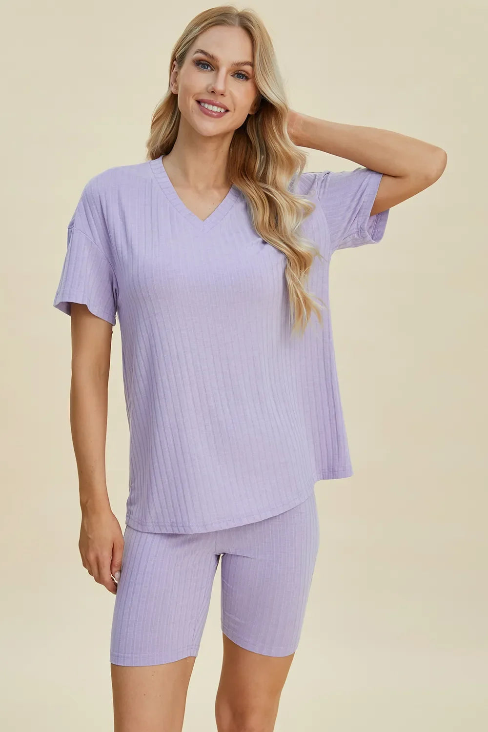 Plus Size Ribbed V-Neck Top & Shorts Set