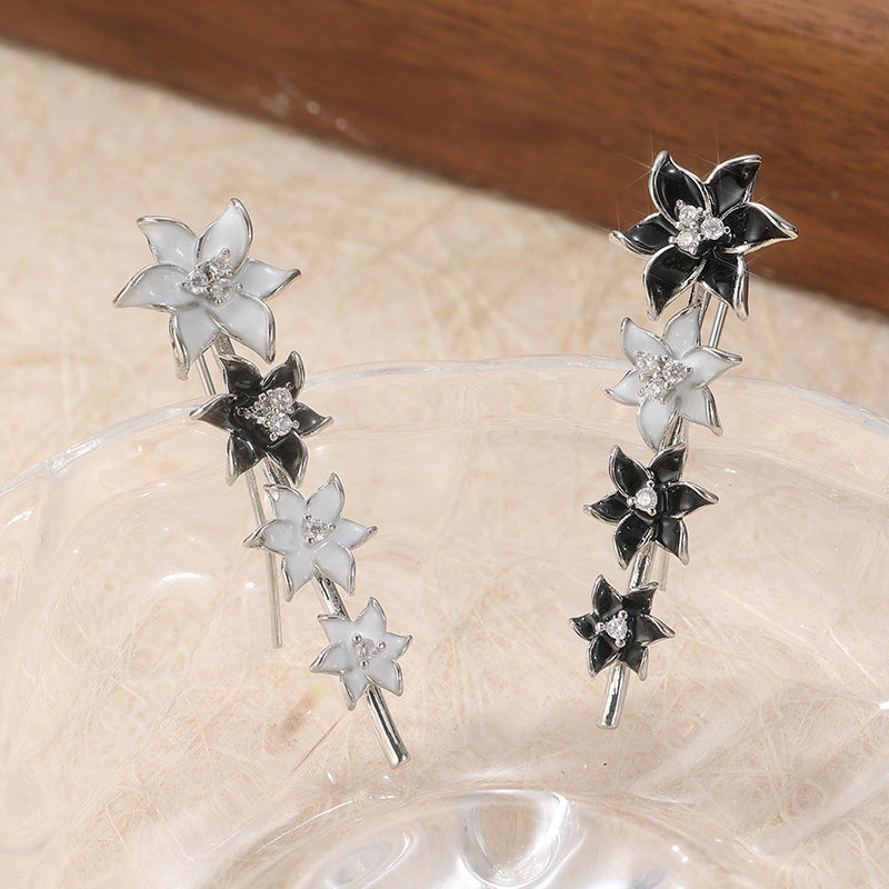 Colorful Flower Stud Earrings Silver Tone Brass Women Black White Crystal Party Fashion Jewelry Elegant
