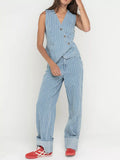 Striped Button Up Sleeveless Top and Jeans Denim Set