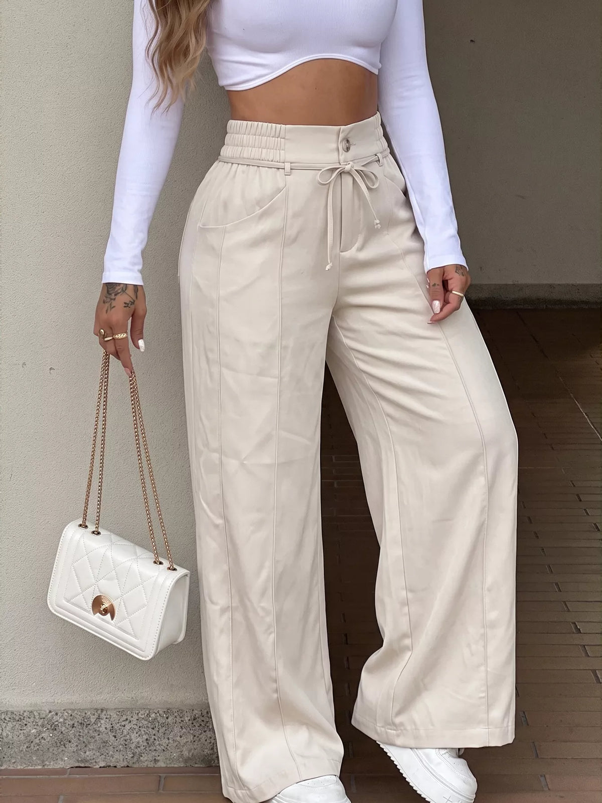 High-Waisted Wide-Leg Pants – Apricot