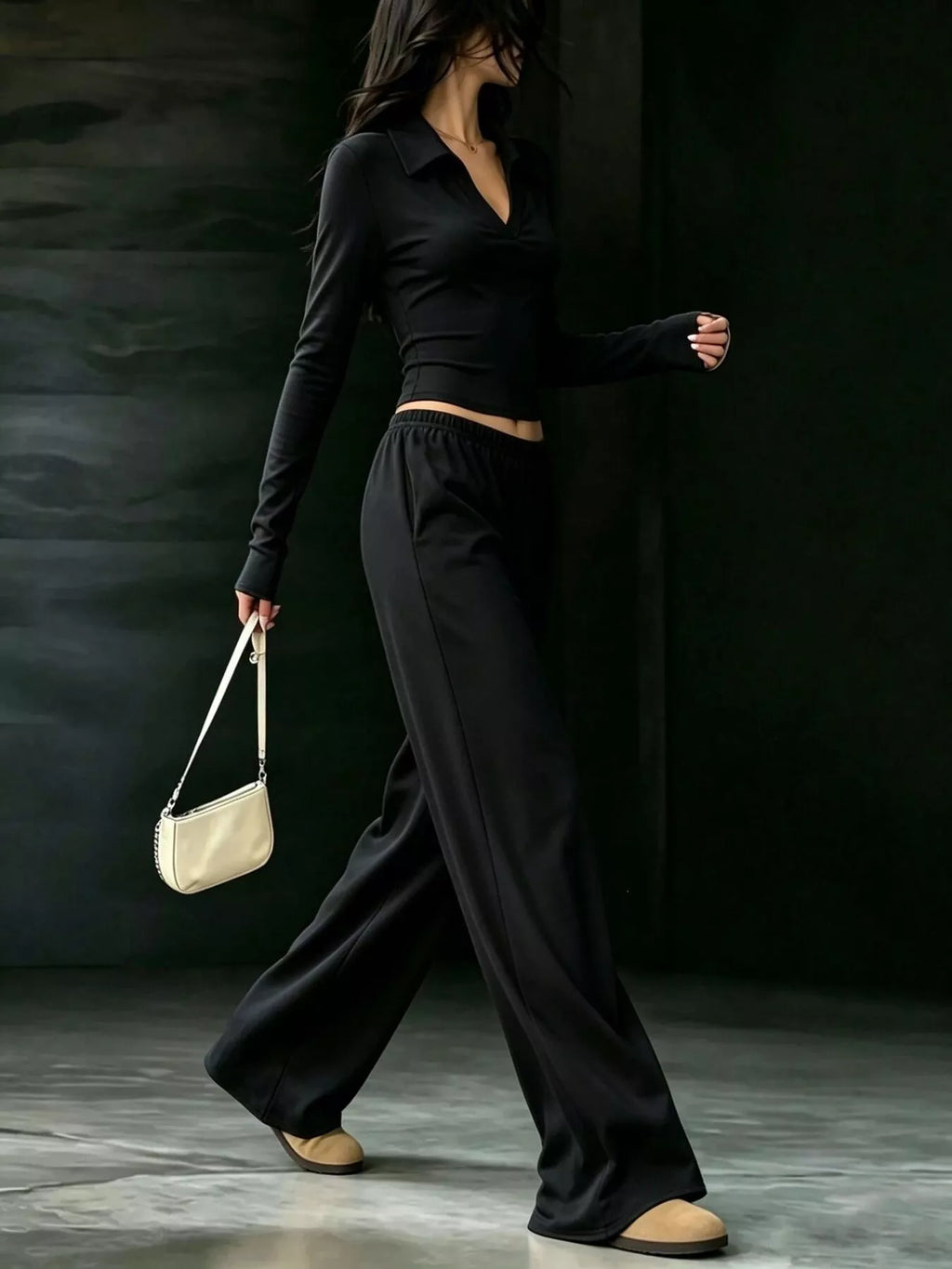 Solid Color Long Sleeve Polo Collar Top and Wide Leg Pants Set