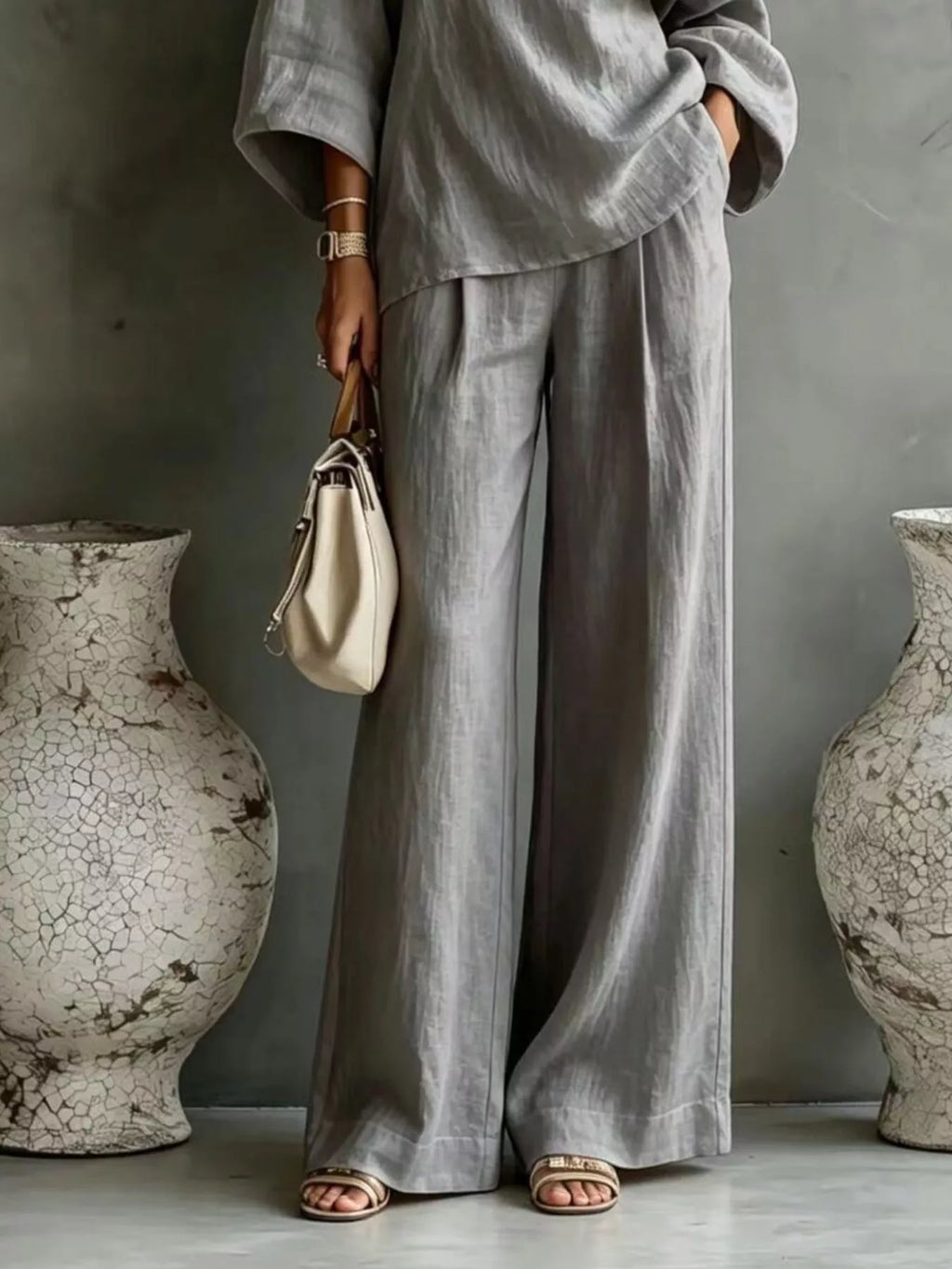One Shoulder Top and Wide Leg Pants Set