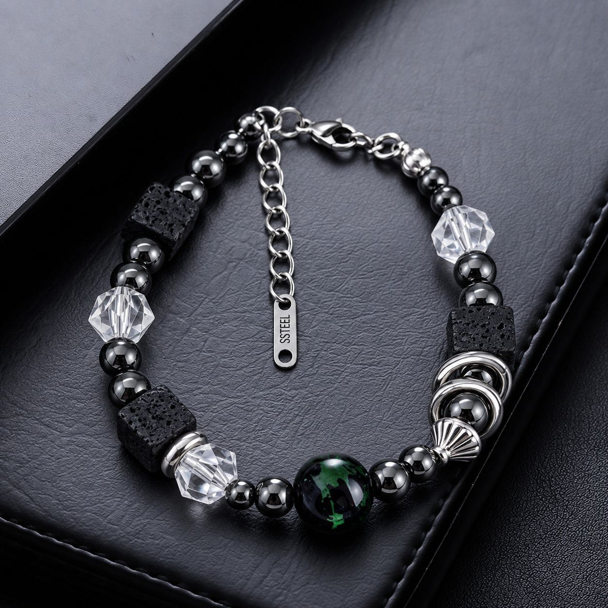Unisex Green Crystal Lava Rock Beaded Bracelet, Men Women Fashion Commuter Versatile Niche Hip Hop Design Hand Jewelry