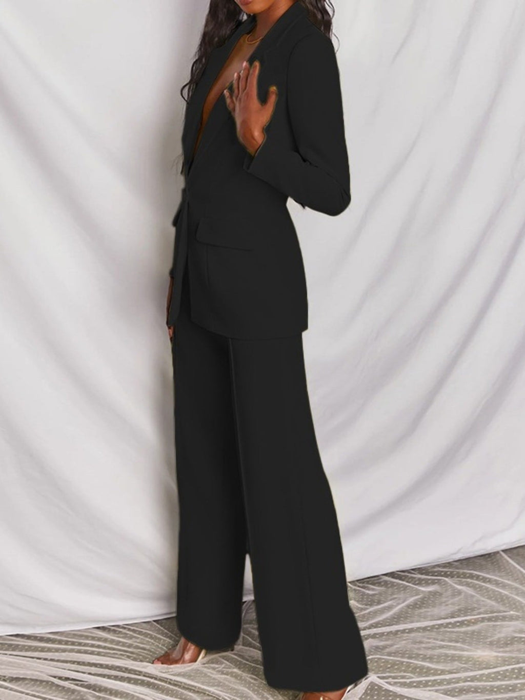 Full Size One Button Blazer and Wide-Leg Pants Set Plus Size – Pink / Yellow