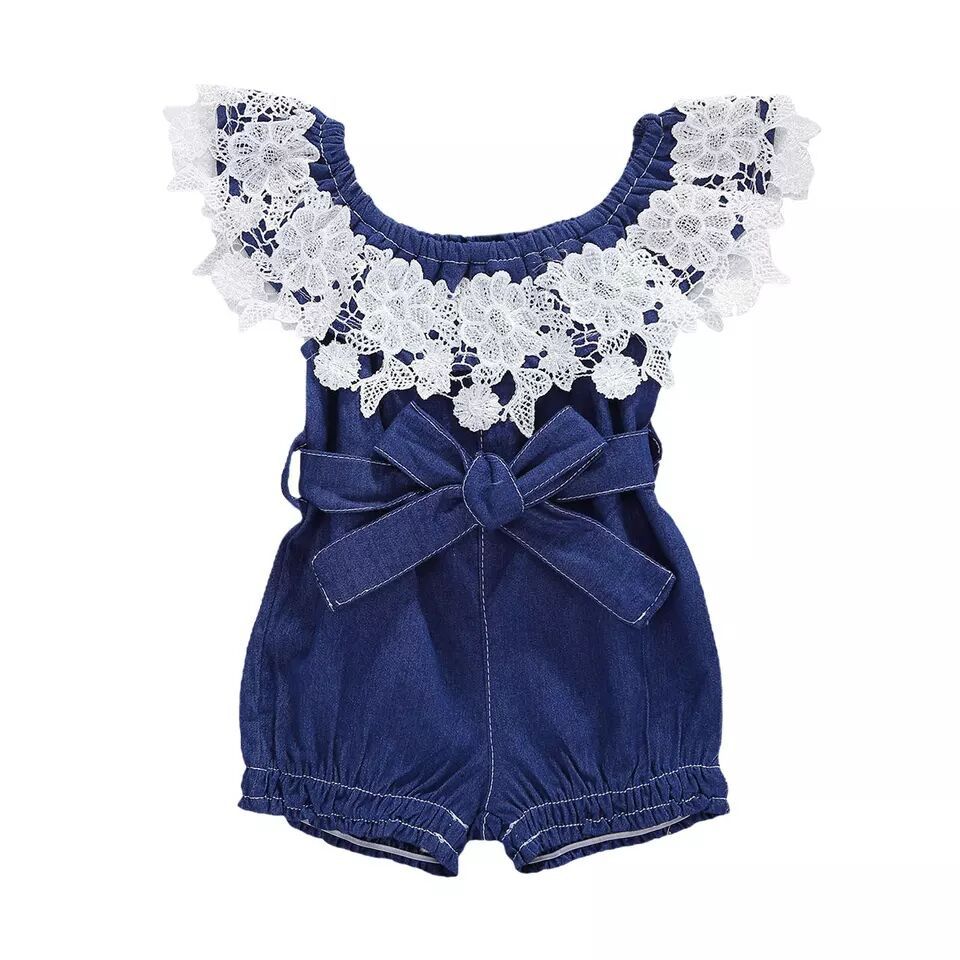 Off-the-shoulder Jumpsuit Girls Ruffled Blue Denim Romper