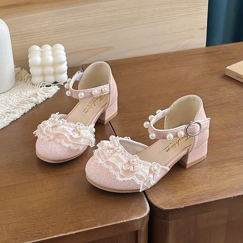 2026 New Girls Princess Sandals, Kids Pearl Closed-Toe Low Heel Shoes, Soft Sole Performance Dance Shoes For Little Girls