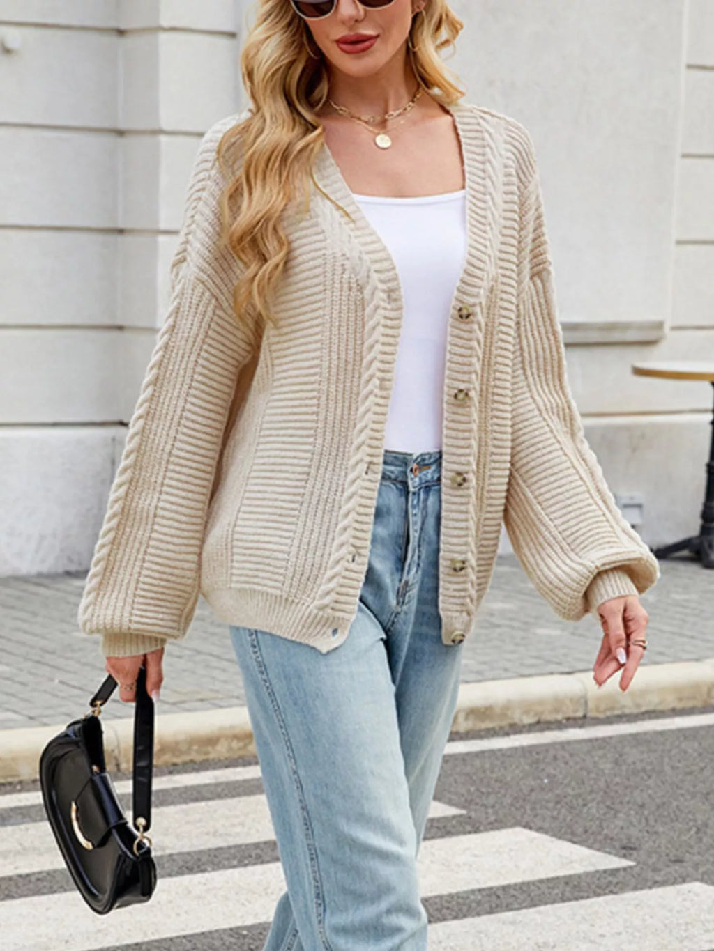 Cable Knit Button-Up Cardigan – Off-White / Black
