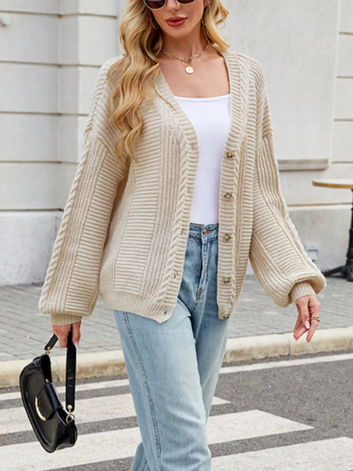 Cable Knit Button-Up Cardigan – Off-White / Black