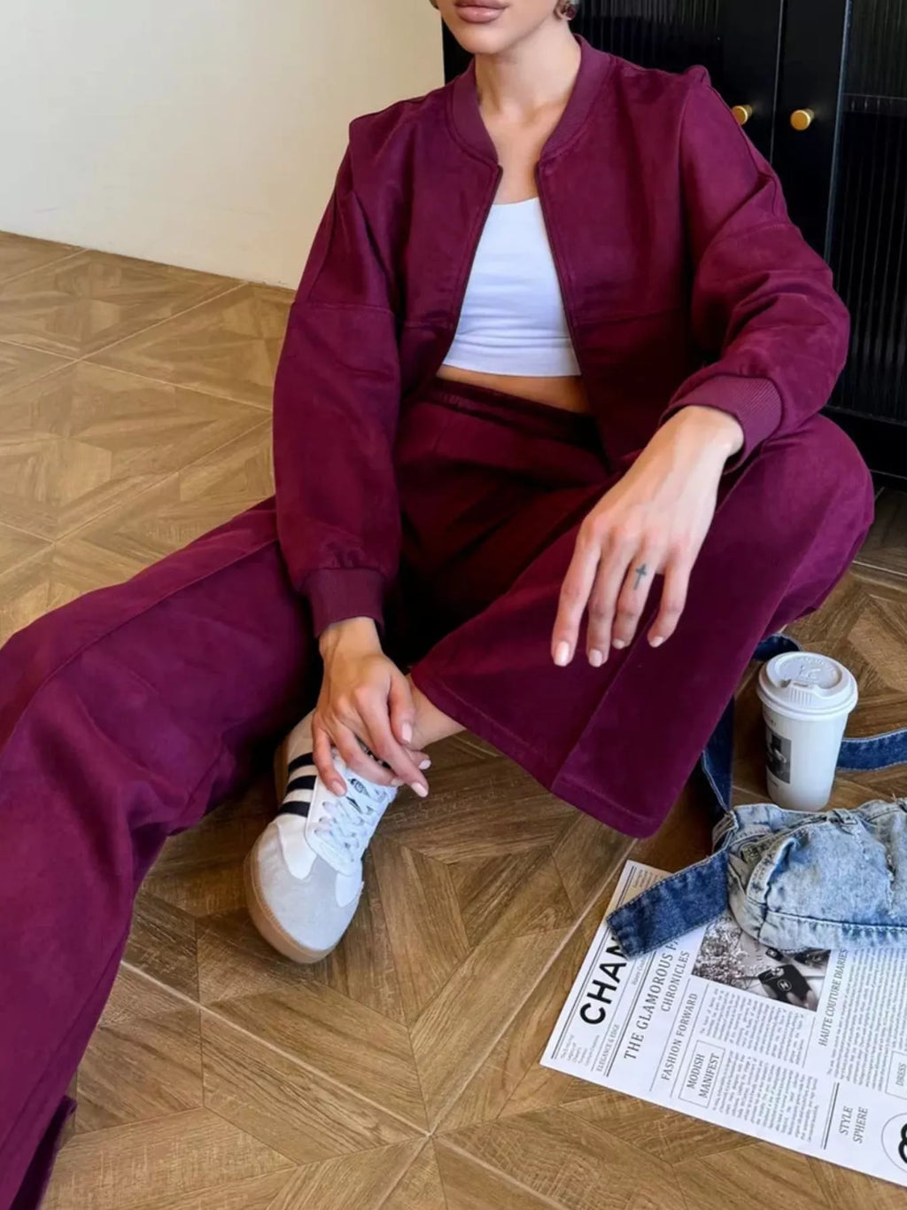 Zip Up Sweatshirt and Wide-Leg Pants Set