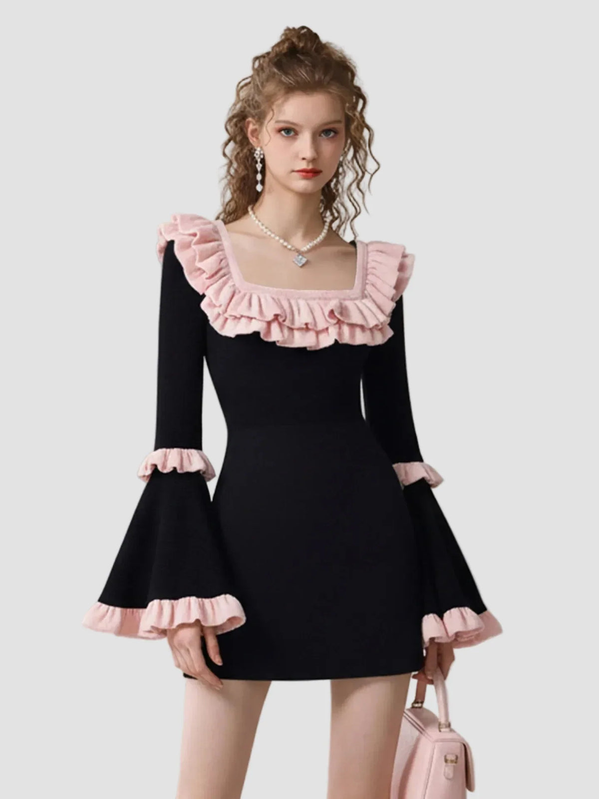 Black & Pink Color Block Square Neck Dress | Flared Sleeve Fitted Waist