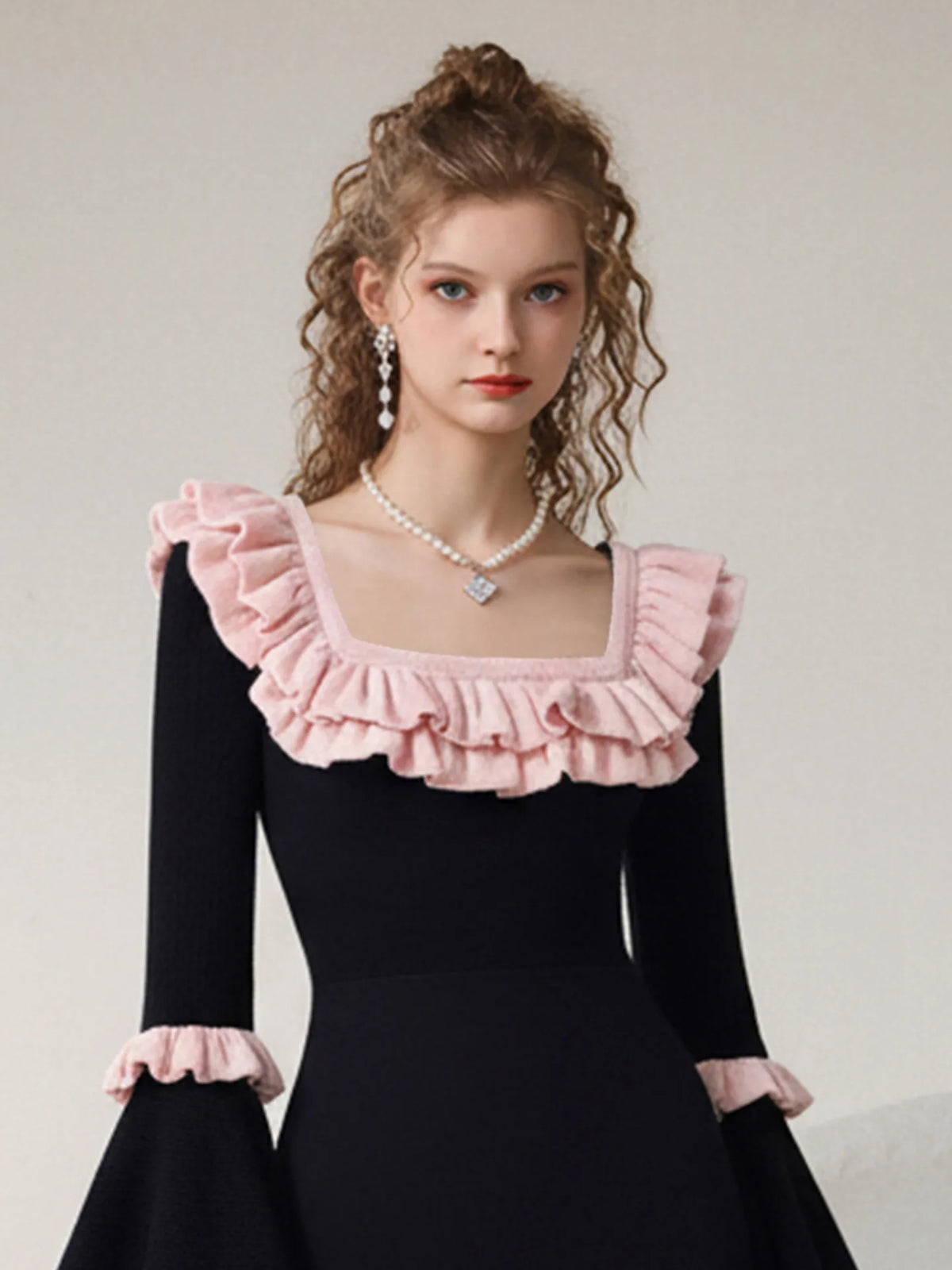 Black & Pink Color Block Square Neck Dress | Flared Sleeve Fitted Waist