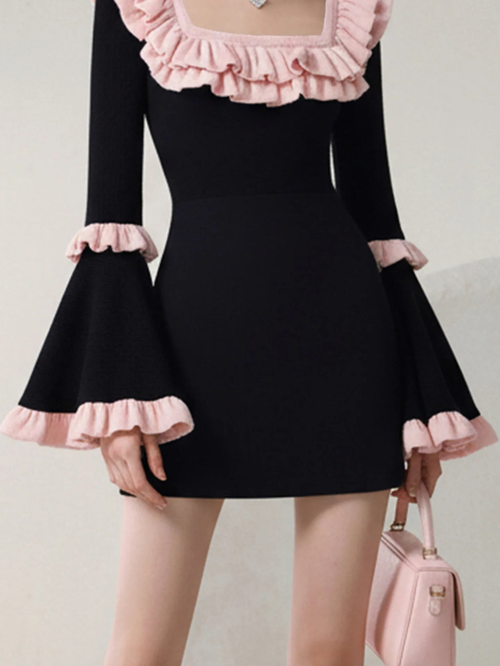 Black & Pink Color Block Square Neck Dress | Flared Sleeve Fitted Waist