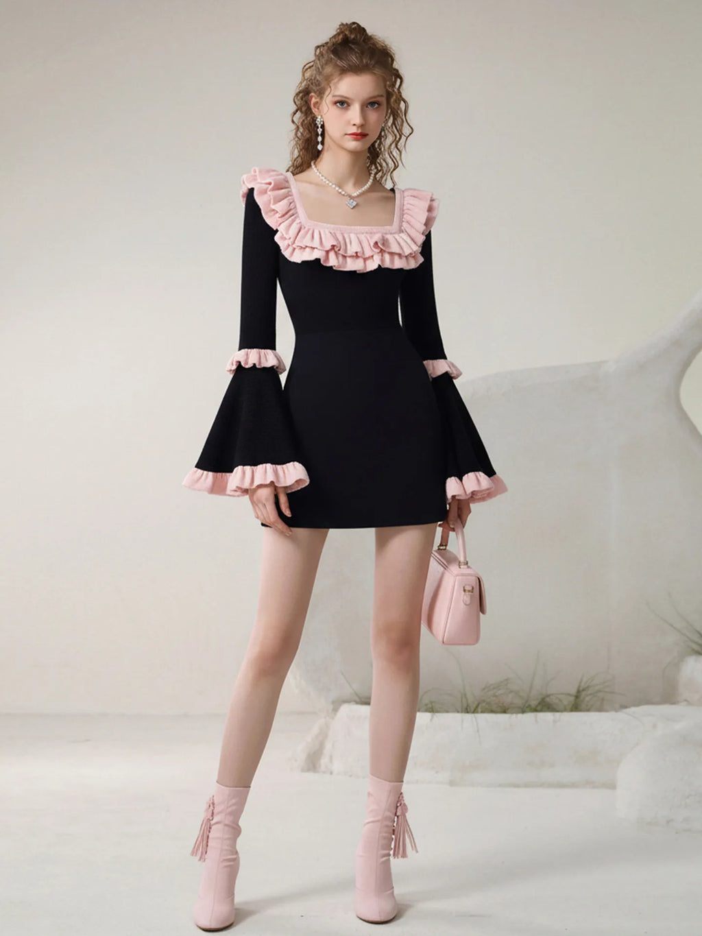 Black & Pink Color Block Square Neck Dress | Flared Sleeve Fitted Waist