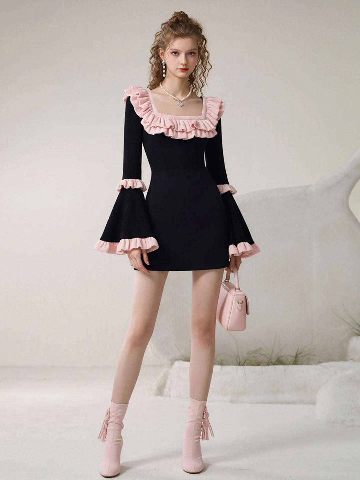 Black & Pink Color Block Square Neck Dress | Flared Sleeve Fitted Waist